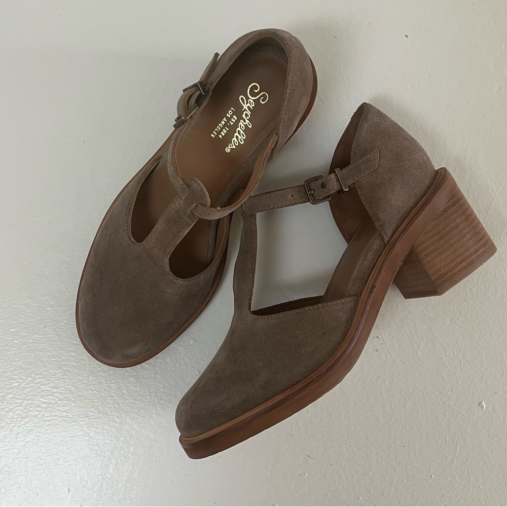 Seychelles Taupe Suede T-Strap Block Heel Women's Shoes